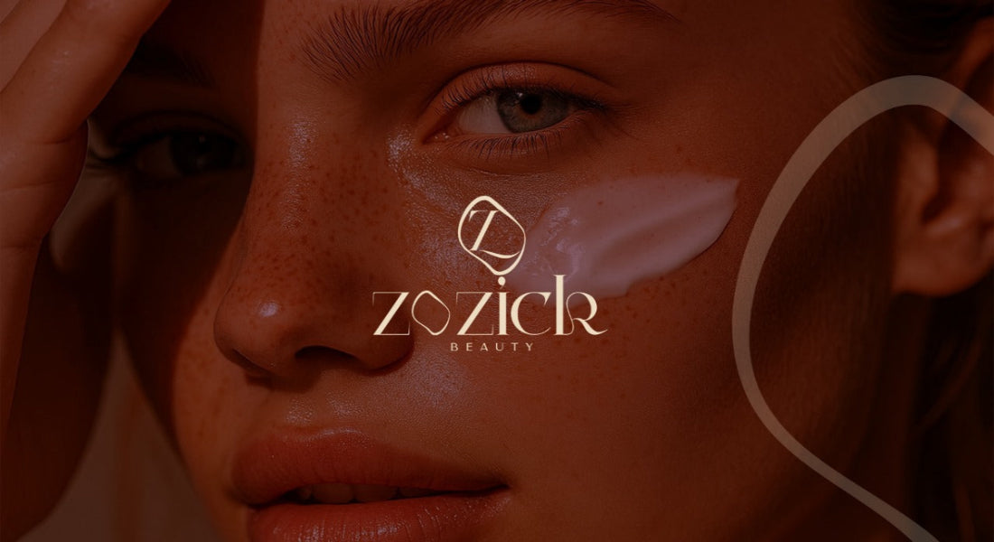 Close-up of a person's face with Zozick Beauty logo applied.